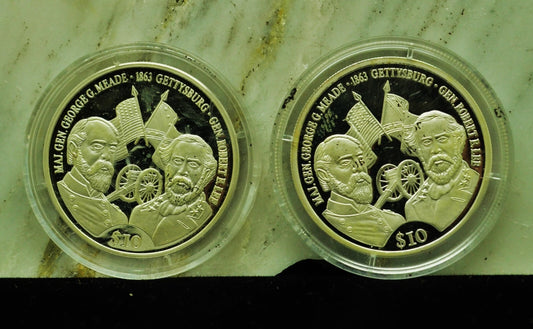 Lot of Two 2000 Liberia $10 Proof 1863 Gettysburg Meade Lee  .999 Fine Silver