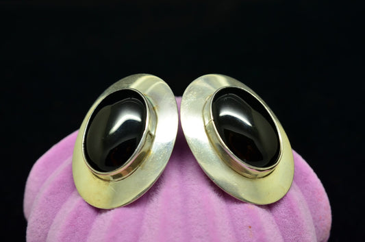 925 Sterling Silver Framed Oval Black Onyx Post Earrings