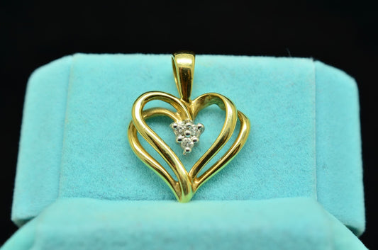 10K Yellow Gold Fancy Open Heart Pendant Charm w/ Three Diamond Accents
