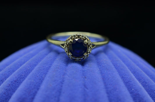 10k White Gold round blue sapphire ring band with diamond halo size 5.75
