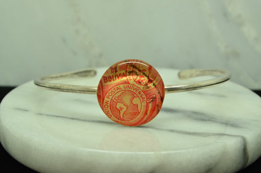 7" Handmade 925 Sterling Silver Bolivia Stamp round pendant cuff bracelet