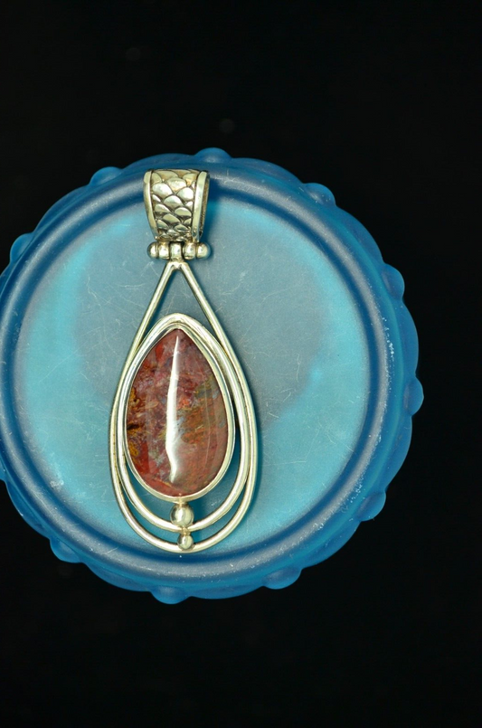 925 Sterling Silver teardrop shaped bloodstone jasper pendant charm