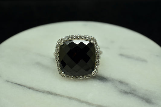 925 Sterling Silver Large Cushion Cut Onyx and CZ Ring  Sz 3.75