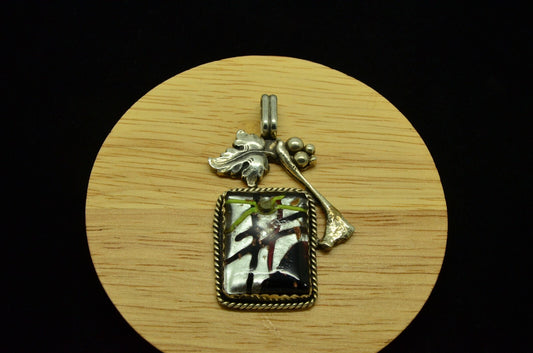 925 Sterling Silver hashtag dichroic glass pendant charm w/ leaf accent