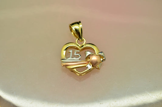 14K Tri Color Gold 15 Year Anos Birthday Quinceanera Heart Shaped Pendant Charm
