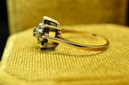 10K Yellow Gold Blue Topaz & Diamond Cluster Ring Band Size 5.25