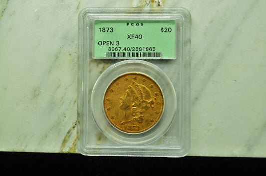 1873 $20 GOLD Double Eagle Open 3 PCGS XF40 -old green holder