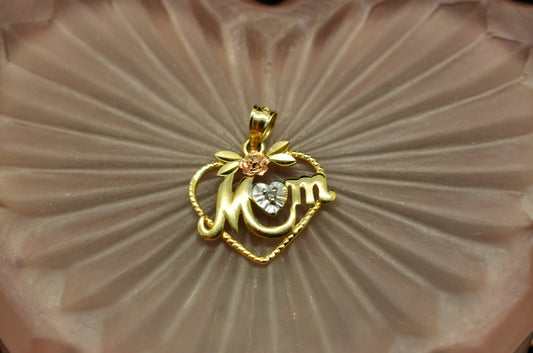 14K Yellow Gold Heart Shaped "MOM" Pendant Charm w/ White & Rose Gold Accents