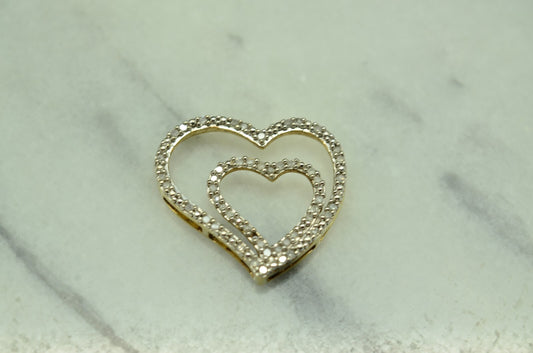 925 Sterling Silver Open Heart within a Heart pendant charm w/ Diamonds 0.25 tcw