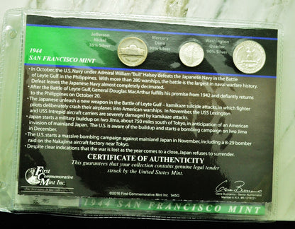 10 Display Pages of Silver Coins of WWII each w/ a Silver Nickel Dime & Quarter