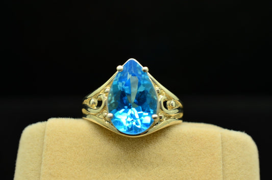 925 Sterling Silver Pear Cut Blue Topaz Solitaire Ring Band Size 6.5