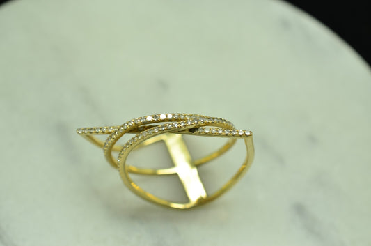14K Yellow Gold unusual 3 band geometric design ring band w/ diamonds size 5.5