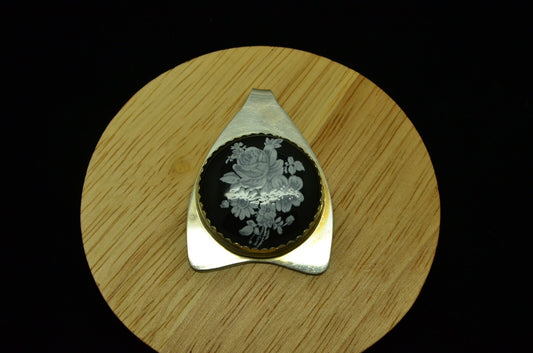 925 Sterling Silver painted bouquet of flowers on round black onyx pendant charm