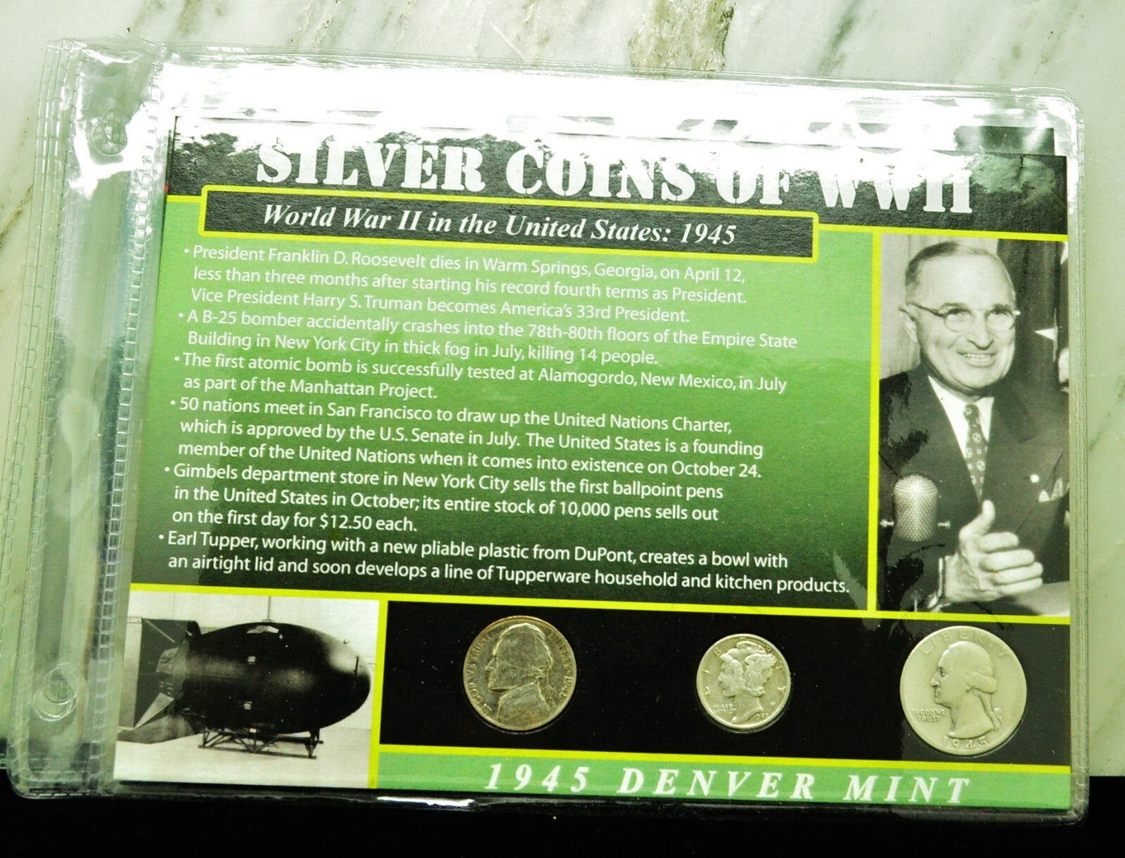 10 Display Pages of Silver Coins of WWII each w/ a Silver Nickel Dime & Quarter