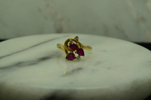 18K Yellow Gold pink ruby & diamond cluster ring band size 5