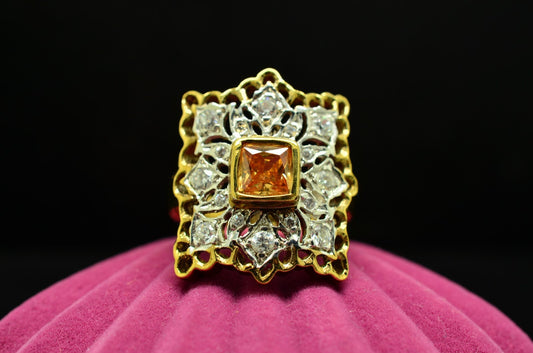 Vermeil 925 Sterling Silver Framed Design of Yellow & Clear CZ Ring Band Size 7