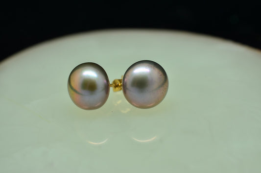 14K Yellow Gold Natural Gray Pearl Stud Earrings 9.2mm