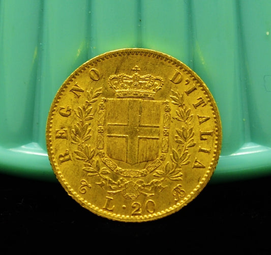 1863 T-BN Italy 20 Lire 90% Gold XF/AU
