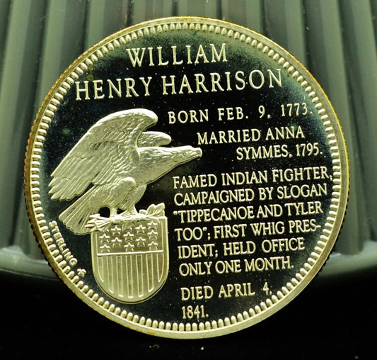 925 Silver Franklin Mint Art Round Presidential Treasure William Harrison