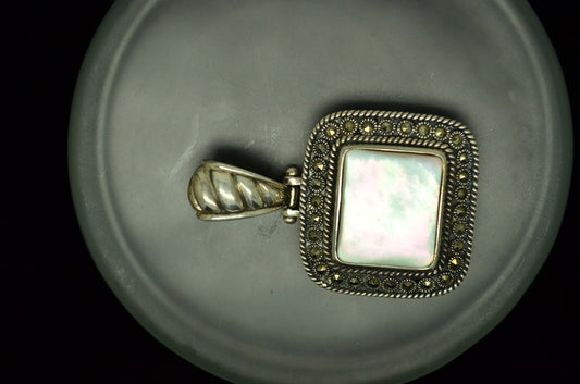 925 Sterling Silver square mother of pearl pendant charm w/ marcasite accents