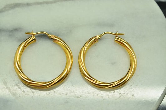 14K Yellow Gold twisted design hollow round hoop earrings 26mm
