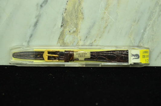 12mm HIRSCH DARK BROWN LEATHER VINTAGE WATCH BAND STRAP GOLD TONE BUCKLE -NIB