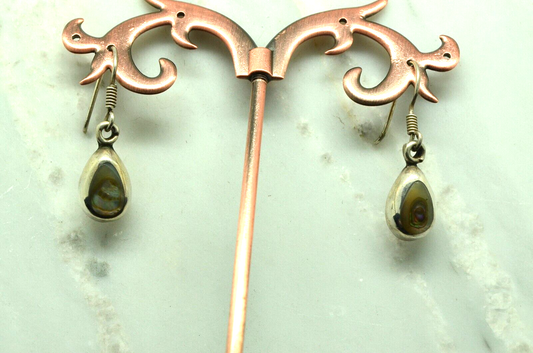 925 Sterling Silver dangling abalone shell teardrop shaped fishhook earrings