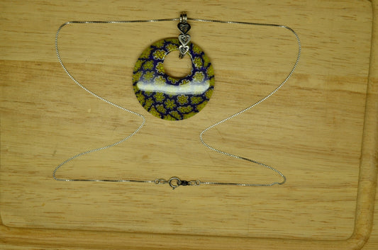 18" 925 Sterling Silver box chain necklace w/ blue & yellow flower glass pendant