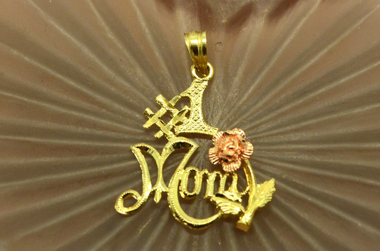 14K Yellow Gold "#1 Mom" pendant charm w/ rose gold flower accent