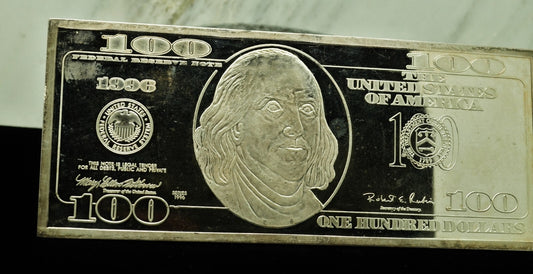 1996 $100 BILL SILVER INGOT BAR -4 TROY OUNCES .999 SILVER