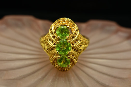 Vermeil 925 Sterling Silver Three Stone Peridot Filigree Ring Band Size 6.75