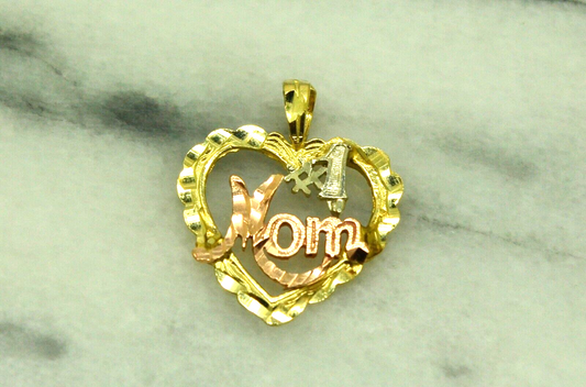 14K Yellow gold open heart #1 MOM pendant charm