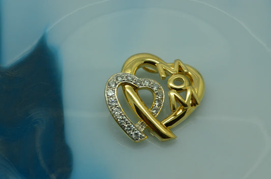 Vermeil 925 Sterling Silver two open hearts "MOM" pendant charm w/ cz accents