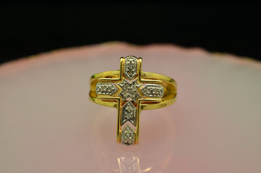 14K Yellow Gold cross design ring band w/ diamonds 0.14 tcw size 3.75