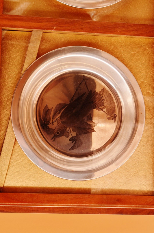Framed Display W/ Four Bird Design Sterling Silver 8" Collector Plates