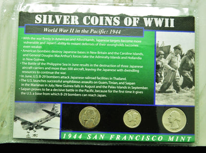 10 Display Pages of Silver Coins of WWII each w/ a Silver Nickel Dime & Quarter