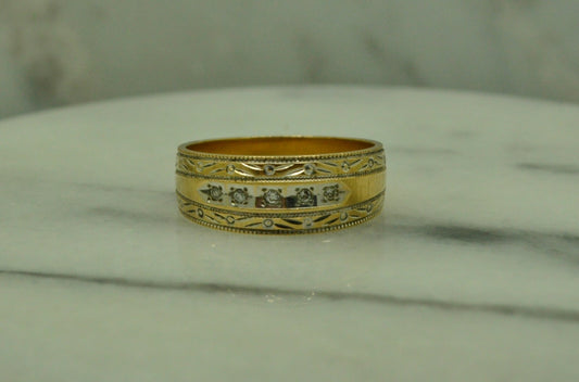 14K Yellow Gold 5 stone diamond ring band w/ etched design size 6