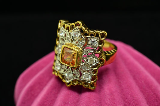 Vermeil 925 Sterling Silver Framed Design of Yellow & Clear CZ Ring Band Size 7