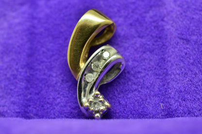 10K Yellow & White Gold Ribbon Design Very Small Pendant Charm w/ Diamonds