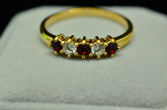 14K Yellow Gold five stone red & clear cz ring band size 11