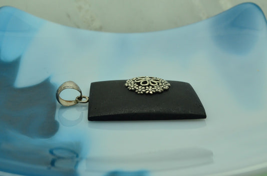 925 Sterling Silver black wood pendant charm w/ silver flower design