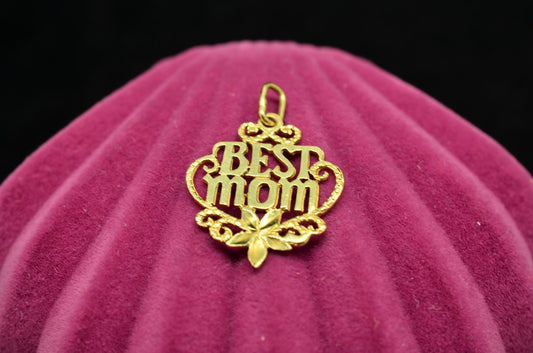 14K Yellow Gold "BEST MOM" Pendant Charm w/ Flower -Sparkles in the Light