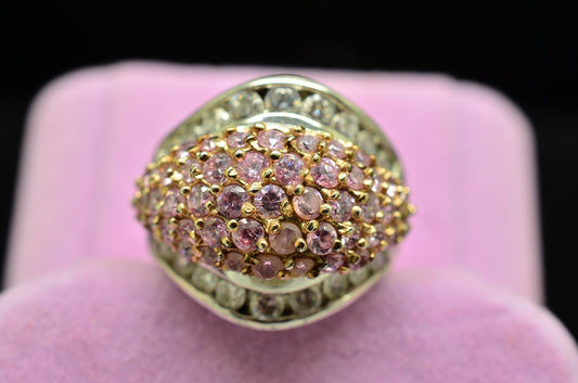 925 Sterling Silver Pave Pink CZ Dome Ring Band w/ CZ Accents Size 6.75