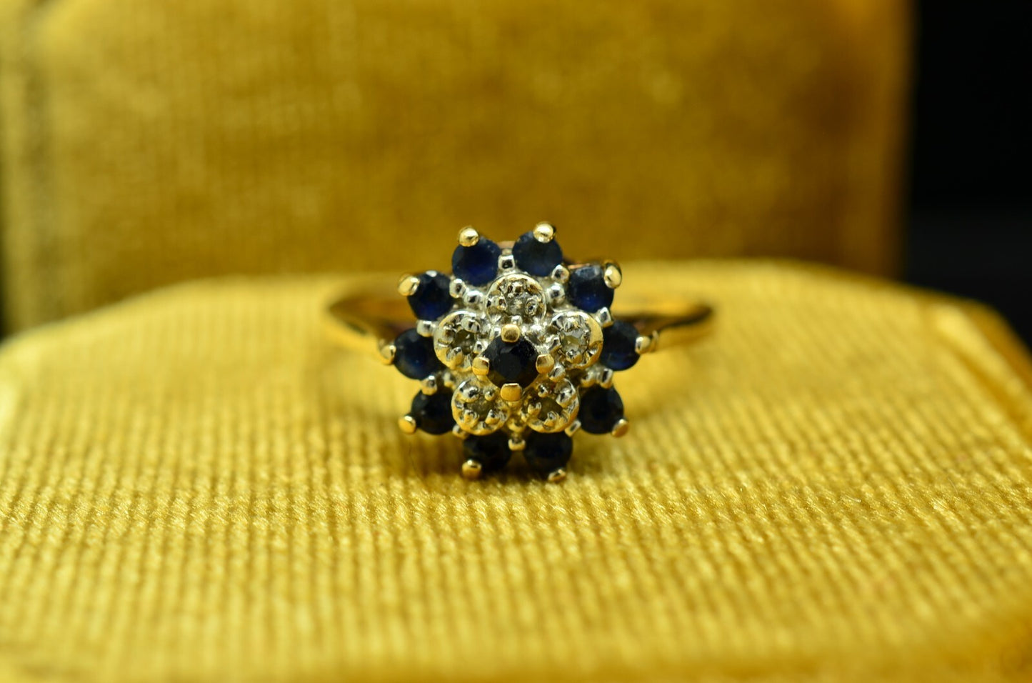 10K Yellow Gold Blue Topaz & Diamond Cluster Ring Band Size 5.25