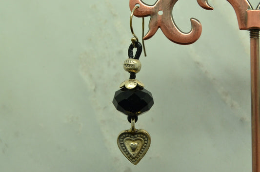 925 Sterling Silver dangling black bead & silver heart fishhook earrings