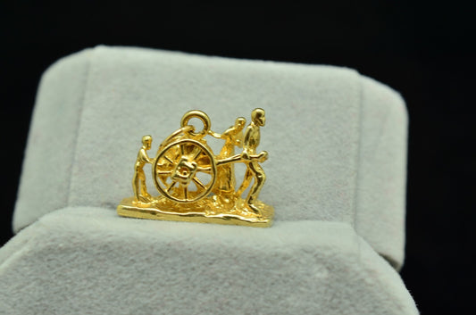 14K Yellow Gold Pioneer Family Pulling Hand Cart Pendant Charm