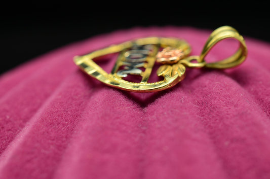 10K Yellow Gold Open Heart "MOM" Pendant Charm w/ Rose -Sparkles in the Light