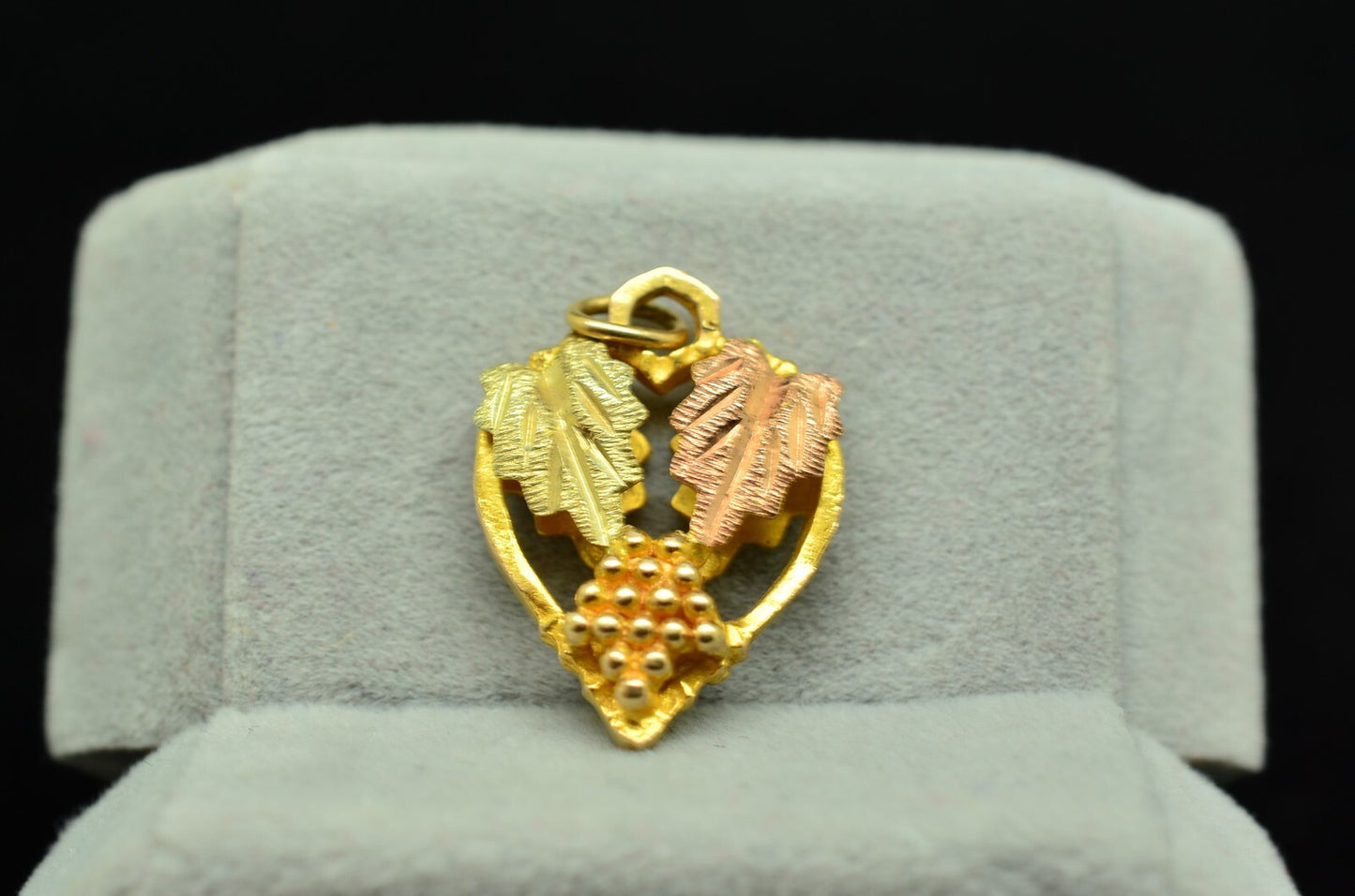 10K Yellow Gold Black Hills Gold Leaves & Grapes Design Pendant Charm Reversible