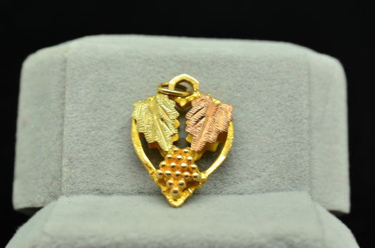 10K Yellow Gold Black Hills Gold Leaves & Grapes Design Pendant Charm Reversible