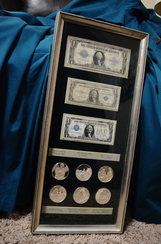 Framed 3 Silver Certificates & 6 Franklin Mint 925 Silver Rembrandt Art Medals